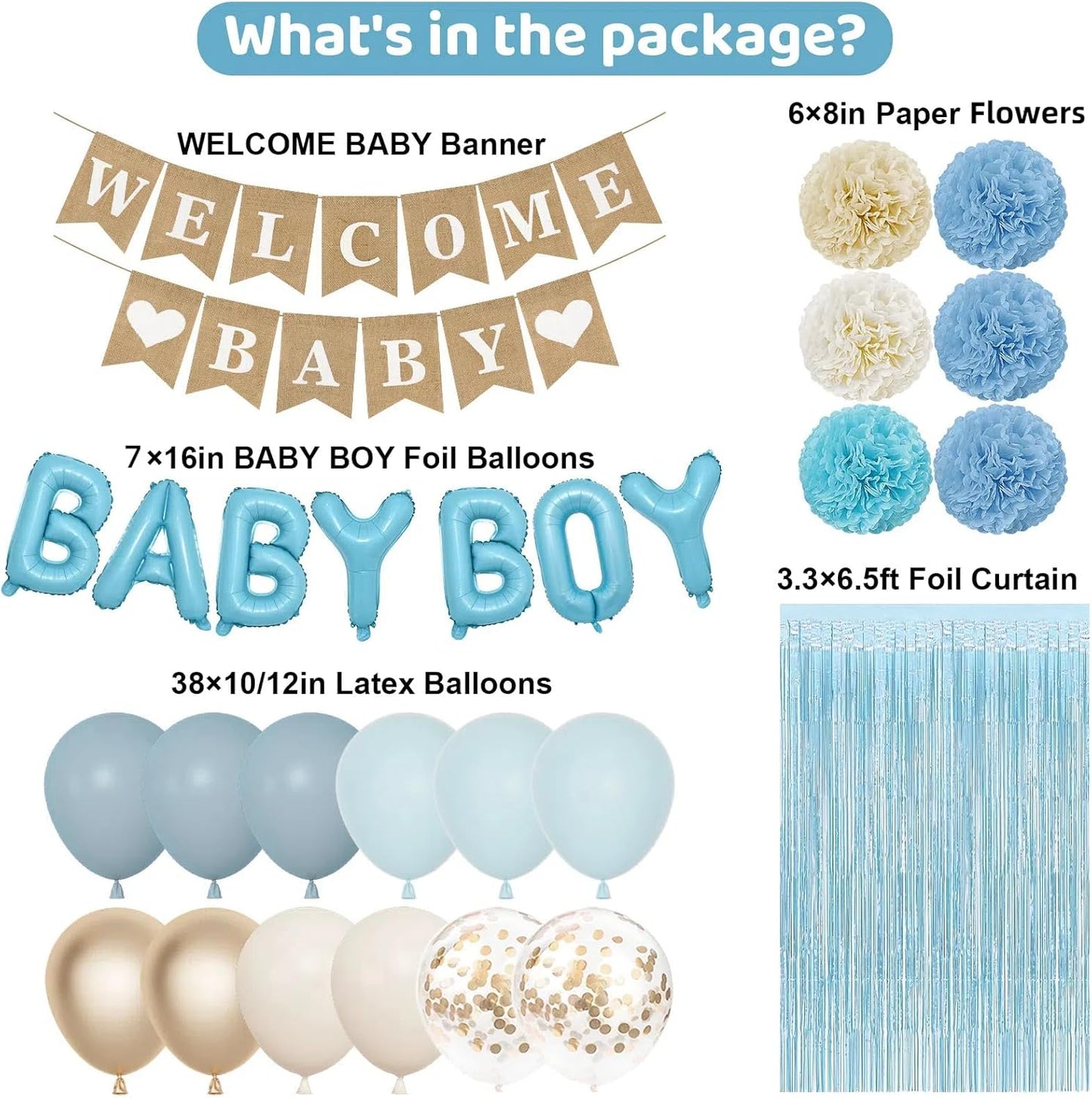 Ouddy Party Dusty Blue Baby Shower Decorations for Boy with Welcome Baby Banner Baby Boy Blue Champagne Sand Foil Balloons Fringe Curtains Paper Pom Poms for Baby Shower Gender Reveal Party Supplies