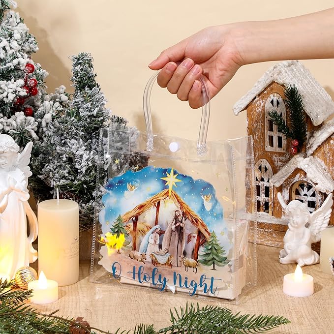 Aliceset 20 Pcs Christmas Nativity Gift Bags with Handles Clear Christian Christmas Goodie Bags Watercolor Holy Night Jesus Wrapping for Christian Holiday Decoration Religious Presents Wrapping