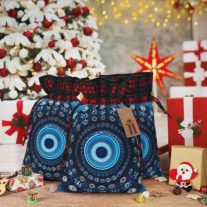 PULaif Blue Mini Flower Swirl Christmas Drawstring Gift Bags, Large Size Christmas Bags For Gifts Party Favors, Xmas Gift Bags