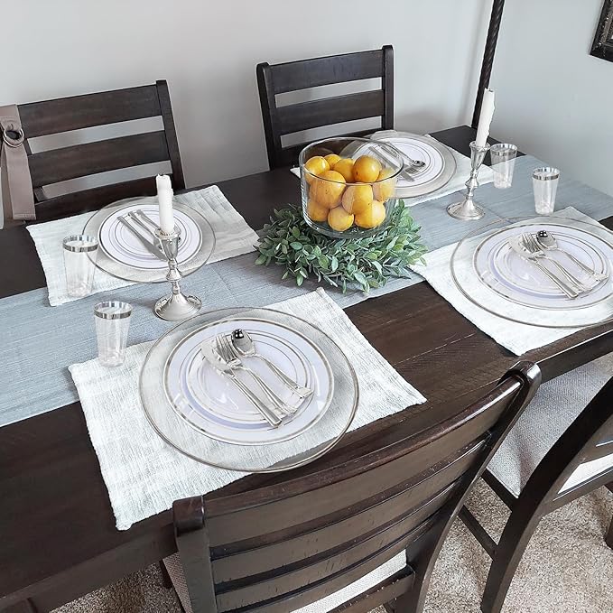 13 Inch Charger Plates, 8 Pack, Clear Charger Plates with Silver Rim, Heavy Duty Disposable Plastic Chargers for Dinner, Elegant Dining, Wedding, Party, Formal Event Decoration (8, Silver)