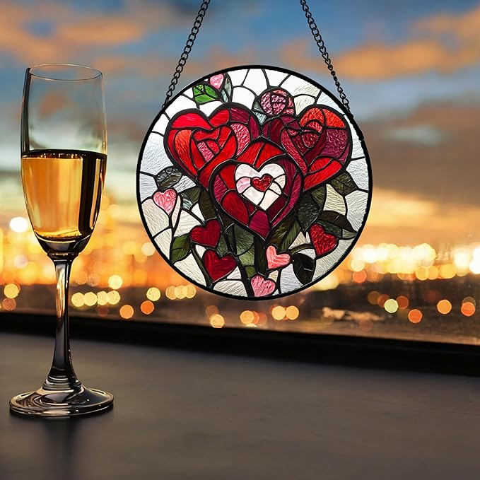 Stained Glass Window Hanging Red Heart-Shaped Roses 7.8" - Flower Suncatcher Door Garden Sun Catcher Decor Birthday Anniversary Valentines Day Gifts for Woman Wife Men Her Him Lovers