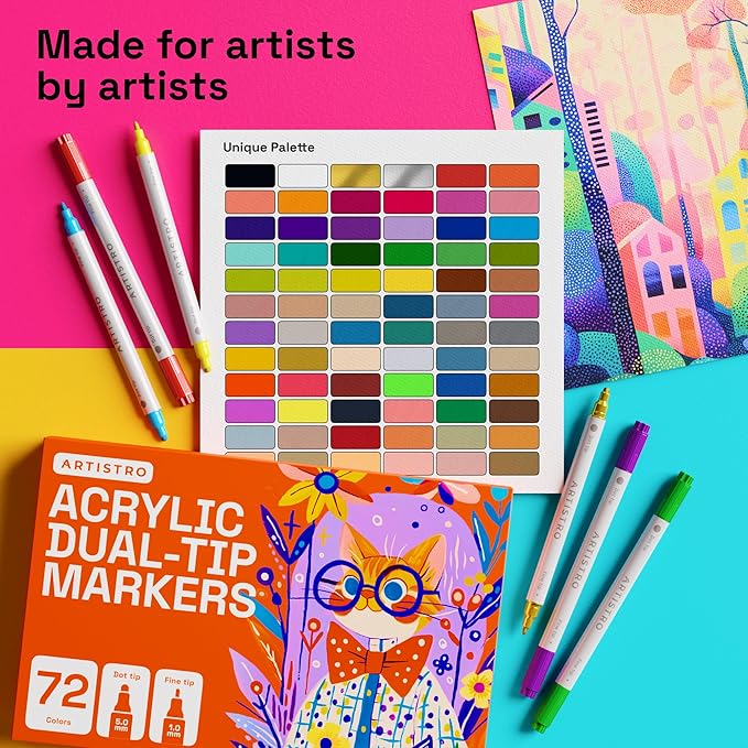 ARTISTRO 72 Acrylic Paint Markers for Rock, Fabric, Wood, Glass, Decoration - Dual-Tip Paint Pens for Coloring Books for Adults, Teens, Kids - Art and Craft Supplies Kit - Gift Idea