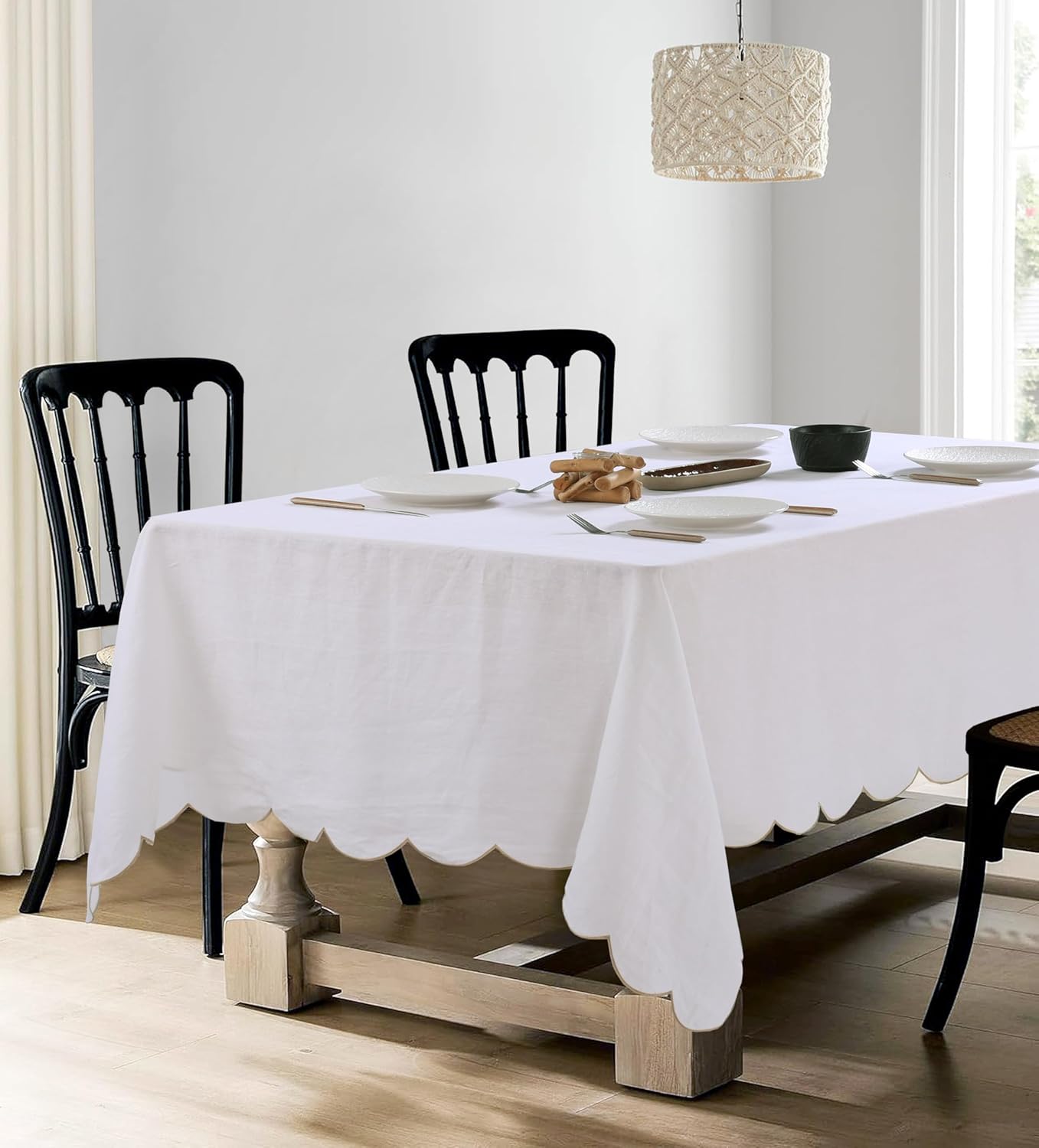 100% Pure Linen Scalloped Embroidery Rectangle Tablecloths 108Lx60W Inch for Dinners, Parties, Spring, Machine Washable, 8-10 Sets, White(Edges-Gold)