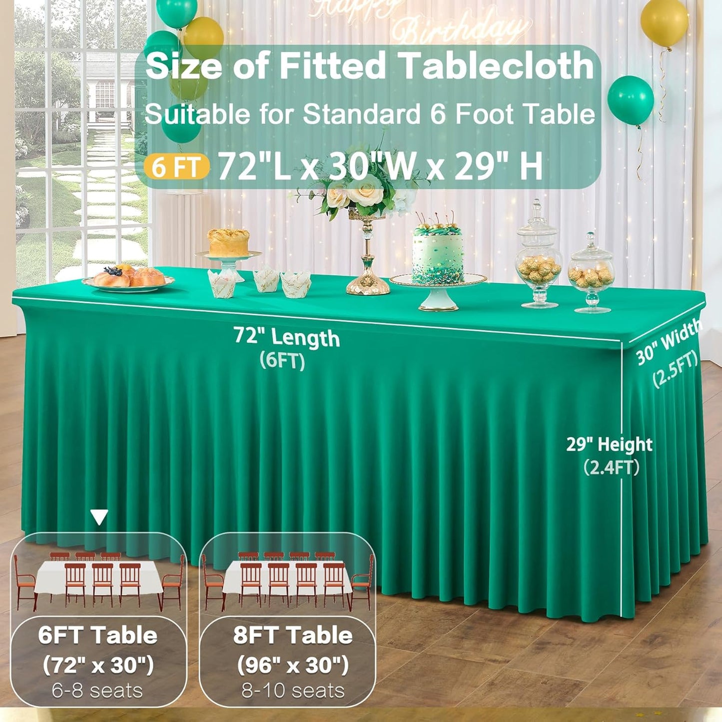 3 Pack Emerald Green Spandex Tablecloth for 6 Foot Rectangle Tables, Wrinkle Free Fitted Table Cloth Cover 6ft Green Stretchy Tablecloths with Skirt for Parties Weddings Birthday Banquet Baby Shower