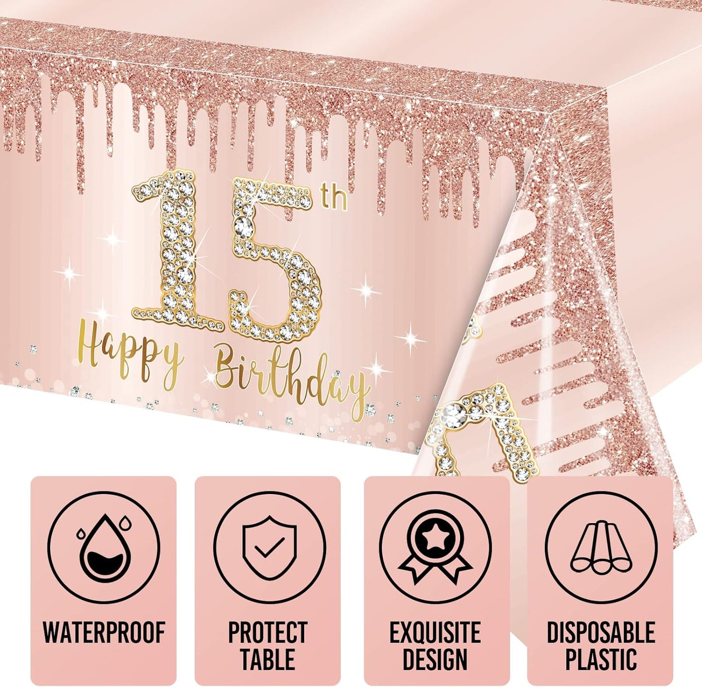 Excelloon 3 Pack Pink Rose Gold Happy 15 Birthday Theme Table Cover Party Supplies, Fifteen Year Old Birthday Plastic Disposable Rectangular Table Cloth Decor