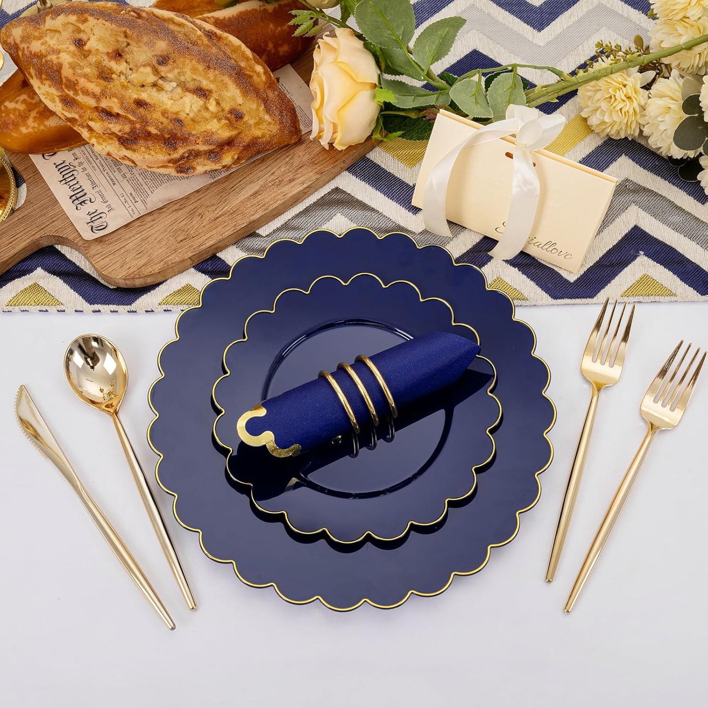 LIYH 210 Pcs Navy Blue Plastic Plates - 4th of July Party Decorations for Independence Day,Blue Plastic Scalloped Plates Disposable Gold Silverware for Wedding & Party