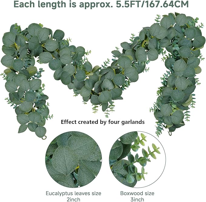 Vlorart 2 Pack Artificial Eucalyptus Garland, 5.5ft Faux Boxwood Eucalyptus Leaves Greenery Garland, Artificial Hanging Vines for Wedding Backdrop Arch Table Wall Home Party Decor