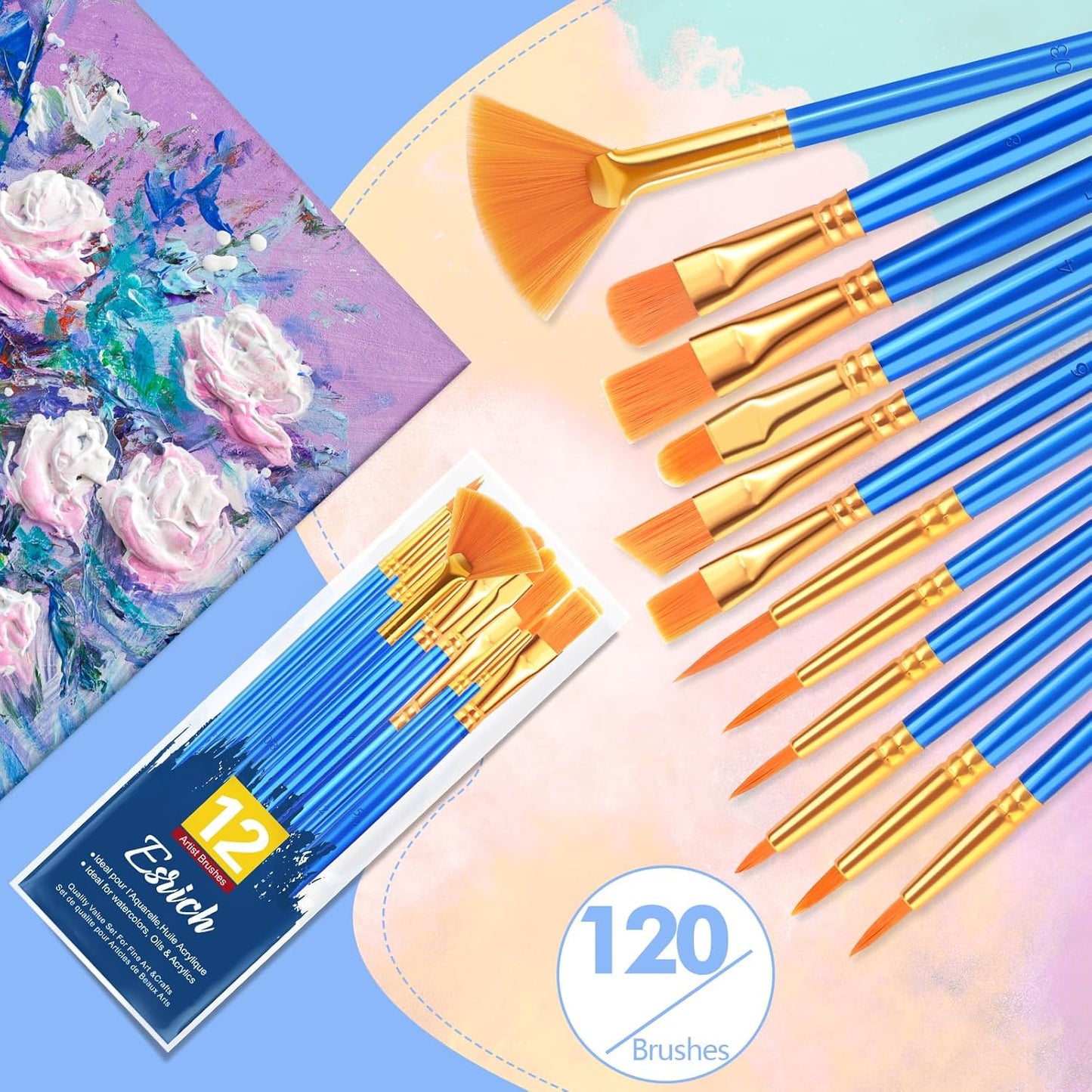 ESRICH Paint Brushes Set,10pack/120pcs Nylon Hair Round-Pointed Tip Acrylic Paint Brush for Watercolor Oil Rock Face Painting,12 Sizes Paint Brush for All Purposes Kids Adult Arts Painting Brush Kits.