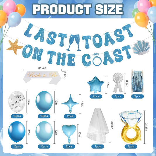 Kleeblatt Last Toast On The Coast Bachelorette, Blue Bachelorette Balloons Party Decorations Include Bride Balloons,Banner,Wedding Dress,Foil Fringe Curtain