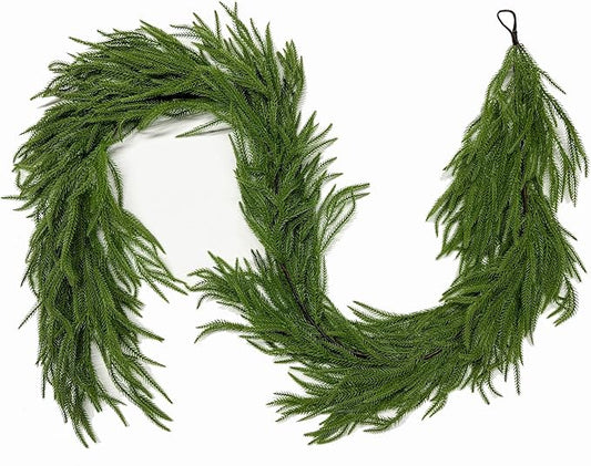 15FT Christmas Garland Norfolk Pine Garland Real Touch Artificial Greenery Garland for Mantle Fireplace Table Indoor Outdoor Holiday Decortions (Dark Green)