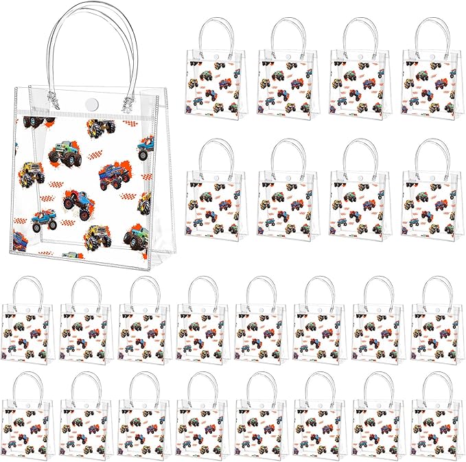 Tioncy 24pcs Truck Party Favor Bags Truck Gift Goodie Bags Car PVC Candy Treat Tote Clear Gift Bag with Handles for Kids Game Construction Racing Theme Birthday Party Supplies