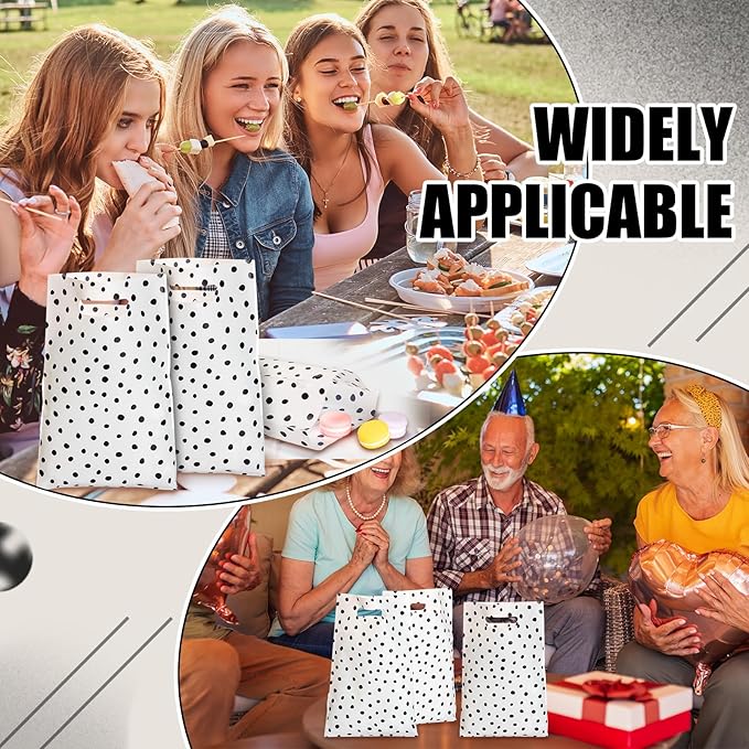 Epakh 100 Pcs Black Polka Dot Gift Bags Bulk Plastic Party Favor Bags with Handles Modern Art Candy Treat Goody Wrapping for Baby Shower Wedding Birthday Party Supplies