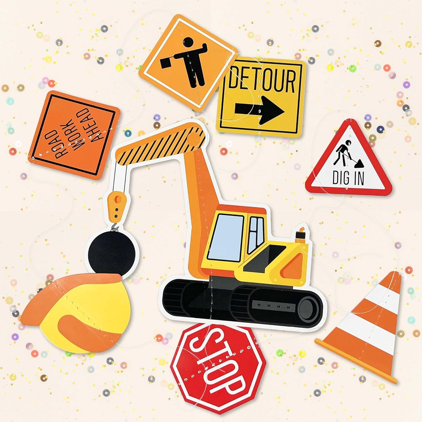 16Pcs Construction Theme Party Hanging Decorations – Swirl Set with Trucks, Traffic Cone & Safety Symbols | Party Supplies & Decorations, Party Favors for Construction Themed Celebrations
