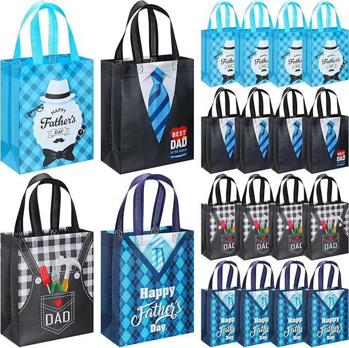 Wesnoy 24 Pcs Father's Day Gift Bags Treat Bags with Handle Happy Father's Day Tote Bags Reusable Best Dad Non Woven Gift Wrap Bags Fathers Day Goodie Bags for Dad Grandpa Party Favor Supplies