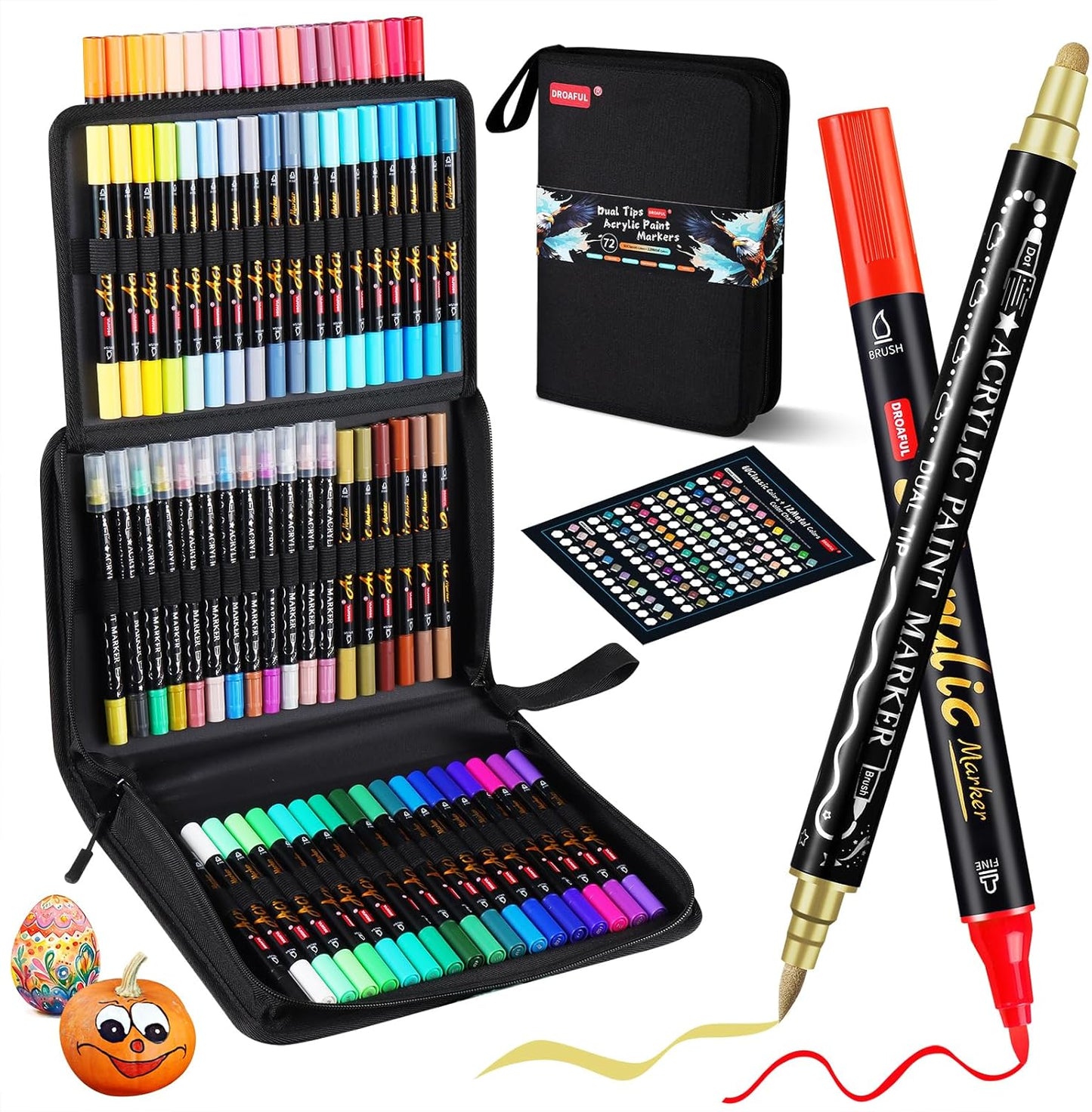 Acrylic Paint Pens Markers, 72 Pc Dual Tips Waterproof Metallic Paint Markers For Rock Painting, Fabric, Metal, Glass, Wood, Canvas, Ceramic, Pumpkins, Eggs, Plastic, Non-Toxic & Odor