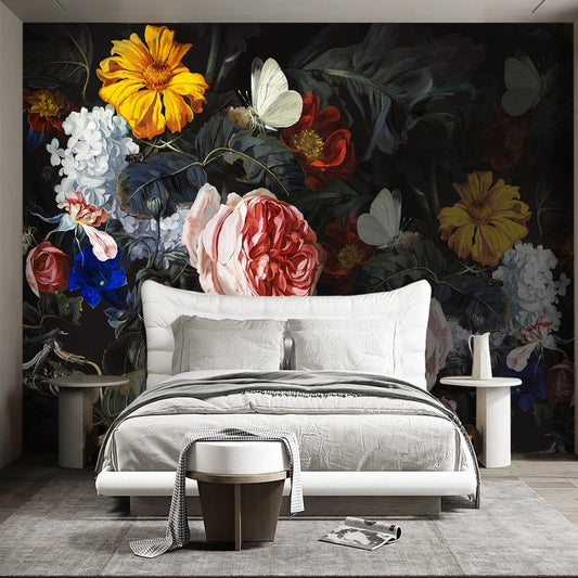 Vintage Black Flowers Mural Bedroom Peony Floral Wallpaper Room Decor Living Room tv Background Large Wall Mural - 137"x96" (Not Peel and Stick)