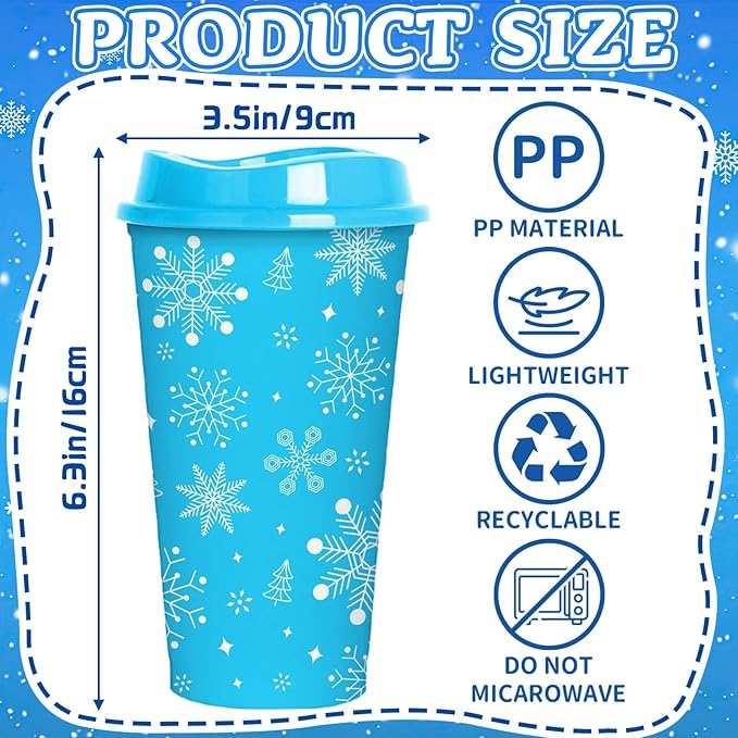 Jansun 12pcs Christmas Winter Snowflake Color Changing Cups with Lids, 16Oz Reusable Plastic Coffee Cups for Holiday Birthday Party Favors Supplies