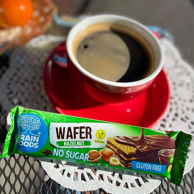 BRAIN FOODS Gluten Free Vegan Chocolate Coated Hazelnut Wafers - 12 Bars, No Sugar Added, High Fiber, No Palm Oil, 1.4 oz, 170 Calories, Guilt Free Snack, Natural Hazelnut Flavor