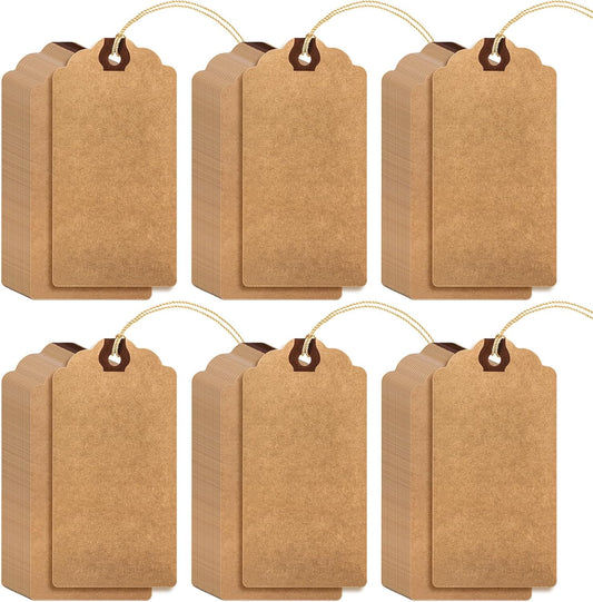 Outus 60 Pcs 4 3/4-in x 2 3/8-in Blank Large Paper Gift Tags with String and Reinforced Eyelet Wire Writable Price Tags Shipping Labels Inventory Labels(Brown)