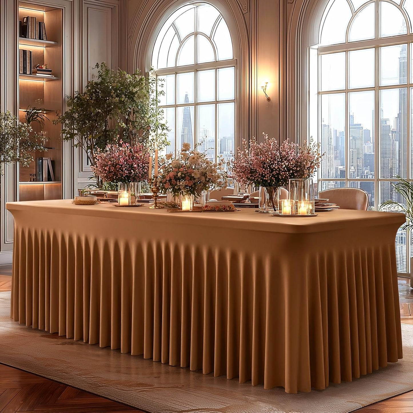 2 Packs Brown Spandex Tableclothes for 6 Foot Rectangle Table, Spandex Table Covers 6FT Stretch Table Skirts Rectangle Wrinkle Free Fitted Tablecover for Event, Wedding, Banquet & Parties