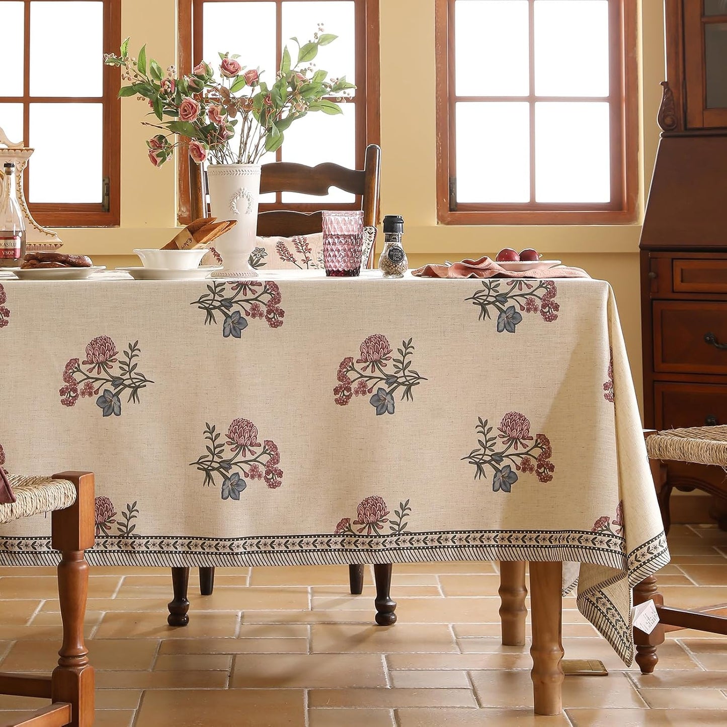ISAENNE Designer Linen Light Beige Rectangular Tablecloth,French Colorful Floral Table Cloth,Stain Resistant Decor Tablecloths for Dining Thanksgiving Christmas Kitchen,55"*79"-Helena E
