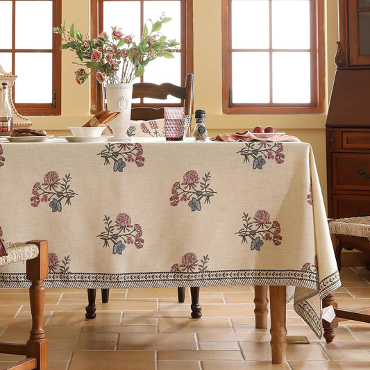 ISAENNE Designer Linen Light Beige Rectangular Tablecloth,French Colorful Floral Table Cloth,Stain Resistant Decor Tablecloths for Dining Thanksgiving Christmas Kitchen,55"*79"-Helena E