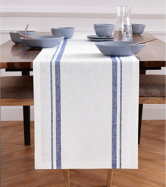 Solino Home Striped Linen Table Runner 120 Inches Long - French Stripe 100% Pure Linen Navy and White Dining Table Runner 16 x 120 Inch