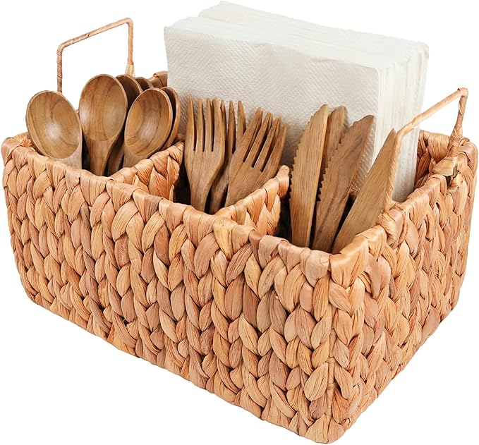 Wicker Utensil Holder with Handle – Handwoven Water Hyacinth Flatware Caddy with 4 Compartments – Rustic Cutlery Organizer for Kitchen, Dining Table, Picnic & BBQ