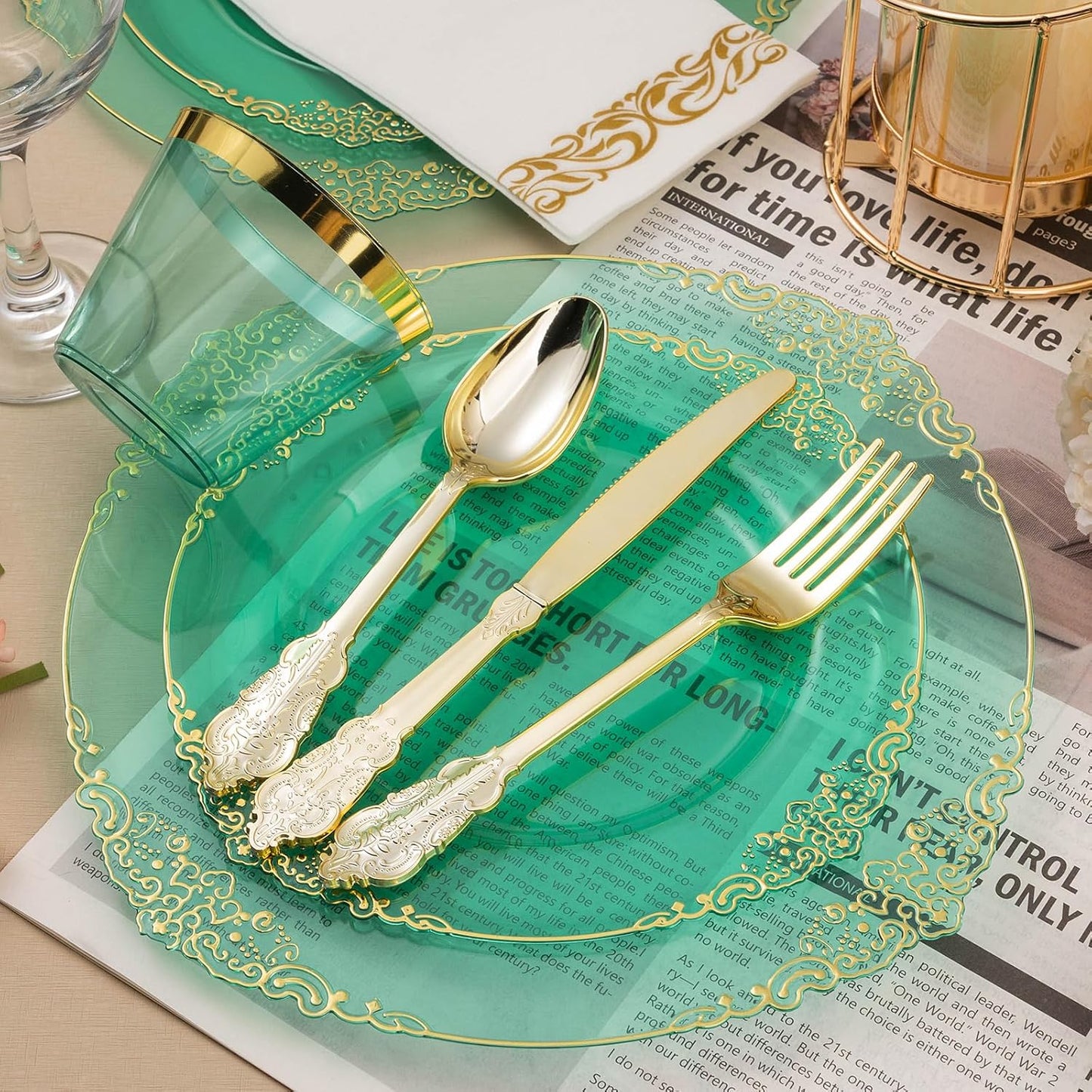 175PCS Clear Green Plastic Plates for 25 Guests, Disposable Plates with Gold Trim include 50 Dinner Plates, 75 Gold Silverware, 25 Cups, 25 Napkins for Party, Wedding and Graduation