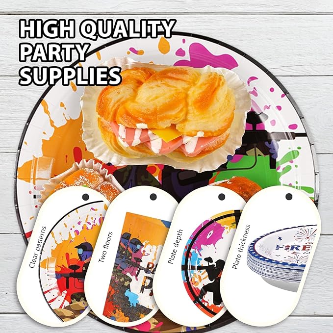 Grencian 200Pcs Paintball Party Supplies Paintball Neon Paper Plates and Napkins Paint Splatter Tableware Sets Paint Ball Gun Shooting for Kids Boys Holiday Birthday Party Supplies Serves 50