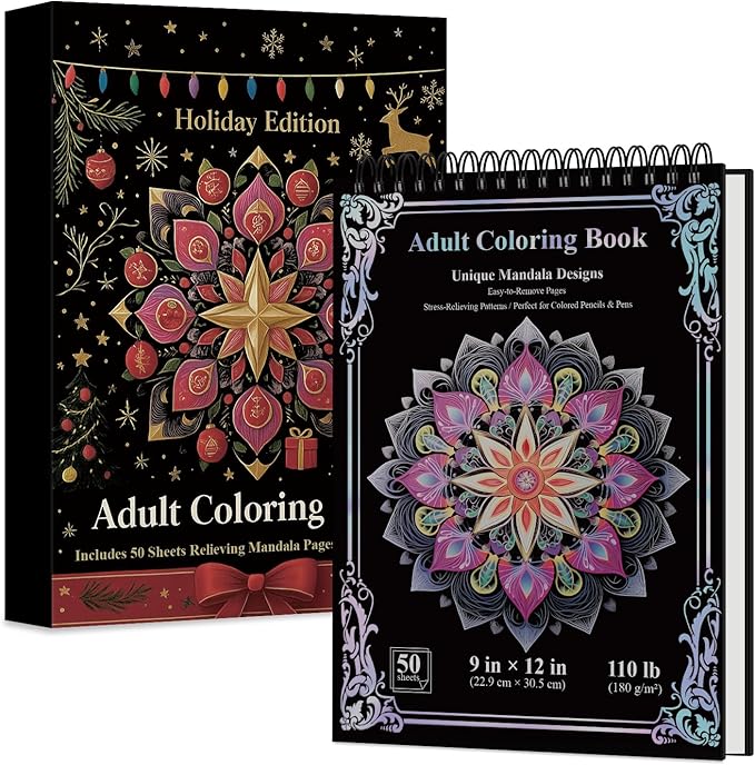 Mandala Coloring Book for Adults Hardcover: 50 Unique Designs Spiral Coloring Book for Adults with Perforated Pages. (Mandala Designs, 9 x 12 inches, 50 Sheets)