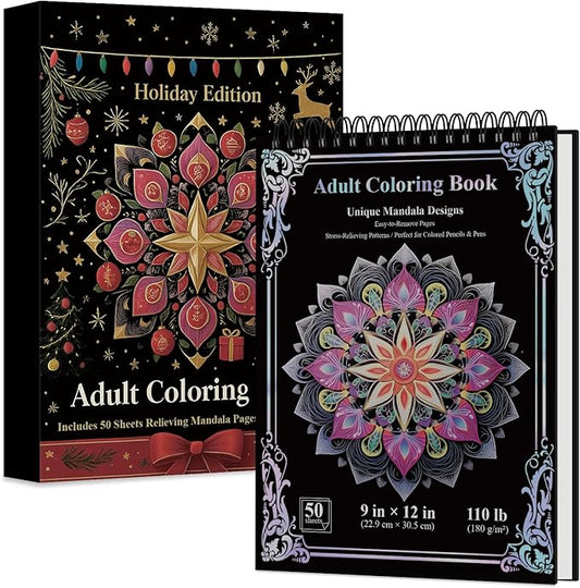 Mandala Coloring Book for Adults Hardcover: 50 Unique Designs Spiral Coloring Book for Adults with Perforated Pages. (Mandala Designs, 9 x 12 inches, 50 Sheets)