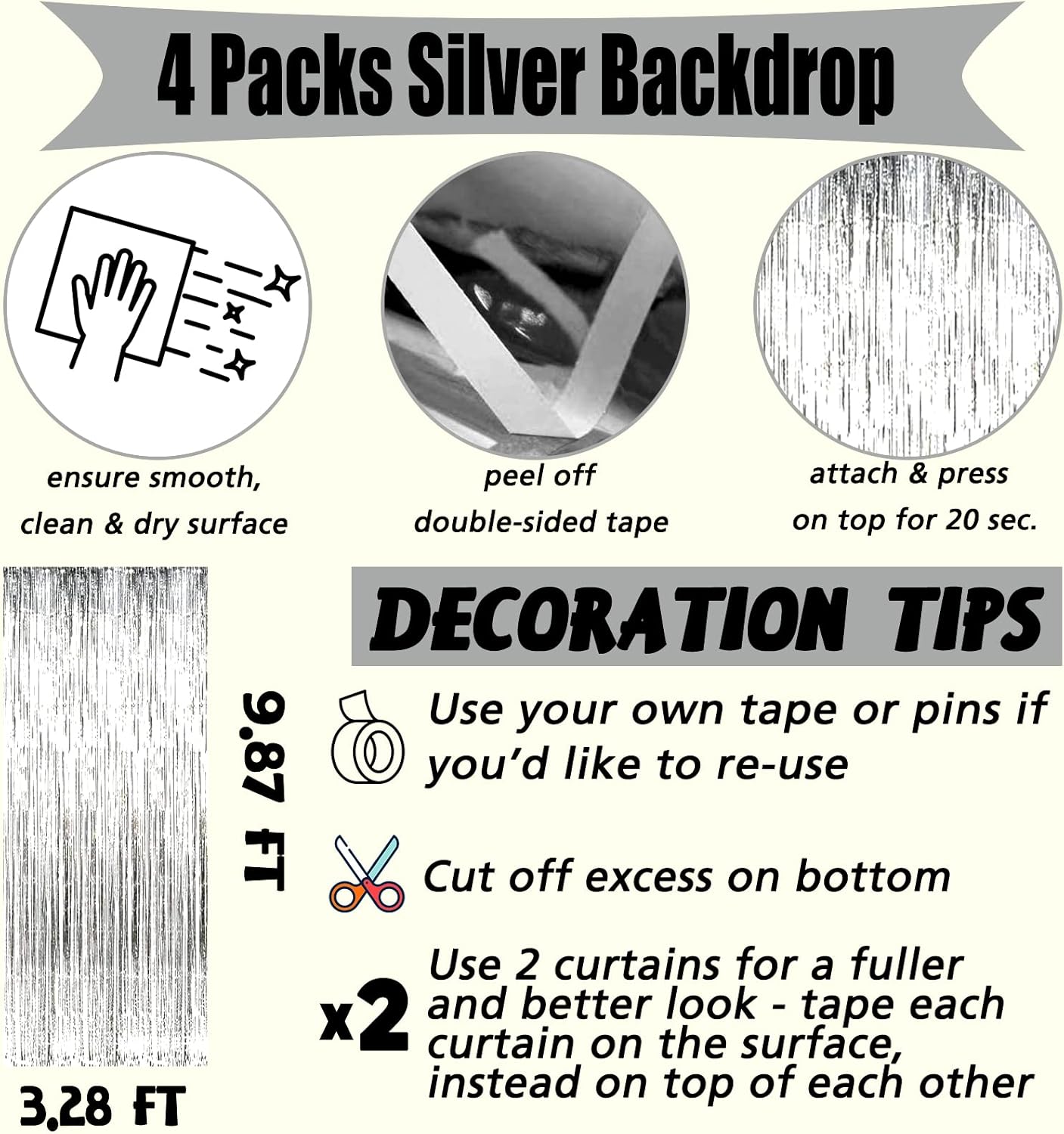 4 Pack Silver Fringe Curtain Backdrop, 3.2Ft x 9.8Ft Metallic Tinsel Foil Fringe Streamers Background for Photo Booth Birthday Wedding Baby Shower Carnival Easter Mother’s Day Party Decorations