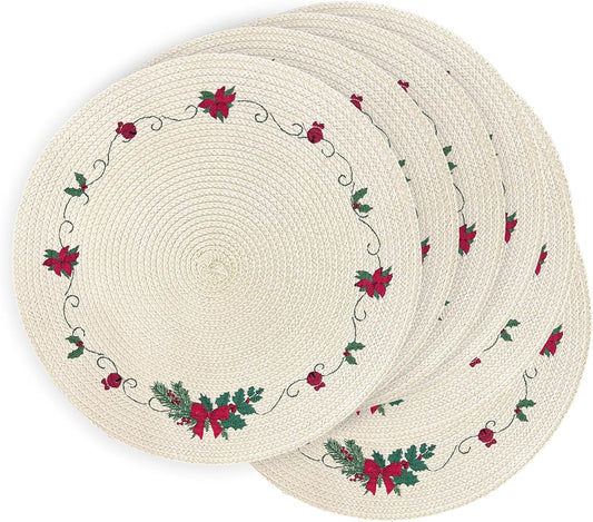 LaneVines Christmas Placemats Set of 6 Round Placemats Christmas, Embroidered Table Place mats, Holiday Decorations for Kitchen Dining Table Mats Plate Chargers