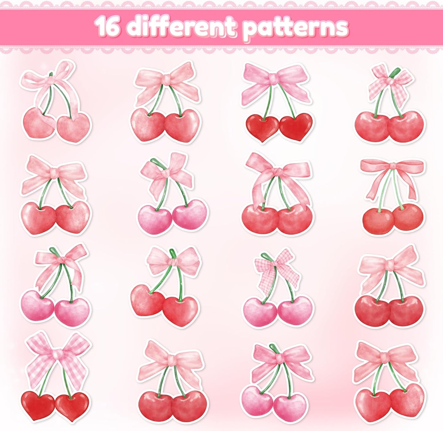 1000pcs Pink Bow Cherry Coquette Sticker Roll (2 Rolls), Watercolor Aesthetic Fruit Decorative Decals, Red & Pink Cherry with Bow Self-Adhesive Stickers for Water Bottle Scrapbook Decor