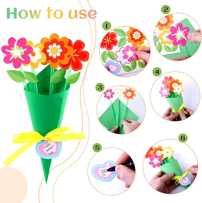 FULAIERGD 32 Set Mother's Day Flower Bouquet Paper Craft Kit-Mother's Day DIY Make Your Own Flower Bouquet for Party Activities Mom Teacher Appreciation Week Valentine Gift