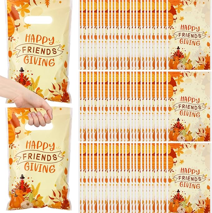 Supervitae 100 Pcs Happy Friendsgiving Plastic Gift Bags Bulk Thanksgiving Party Favor Bags with Handles for Fall Birthdays Weddings Snacks Goodie Candy Treat Party Favors Supplies