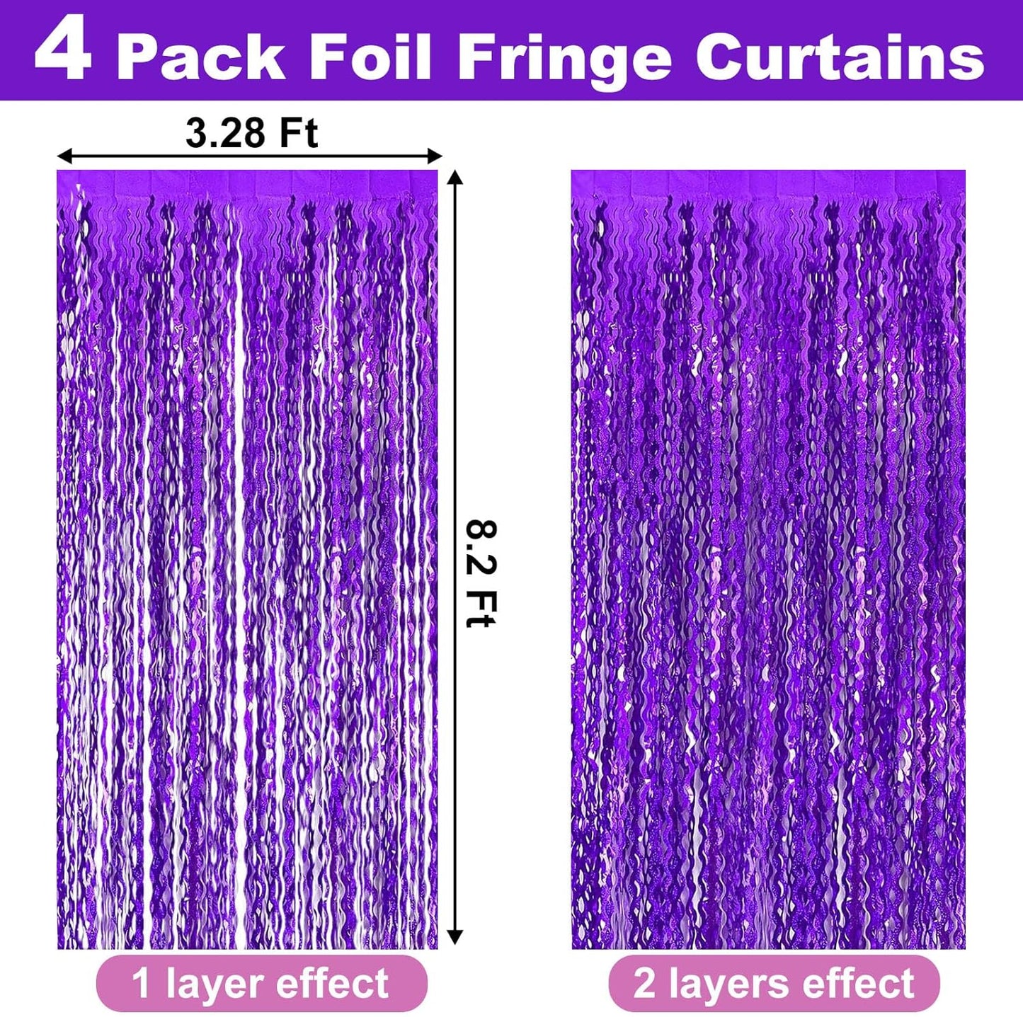 4 Pack Purple Fringe Curtain Backdrop 3.2Ft x 8.2Ft Metallic Tinsel Foil Fringe Streamers Background for Photo Booth, Easter, Mother's Day, Bachelorette, Wedding, Birthday Party Decoration