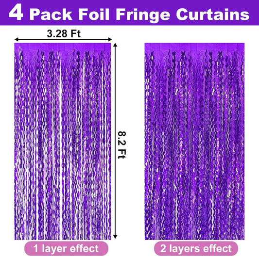 4 Pack Purple Fringe Curtain Backdrop 3.2Ft x 8.2Ft Metallic Tinsel Foil Fringe Streamers Background for Photo Booth, Easter, Mother's Day, Bachelorette, Wedding, Birthday Party Decoration
