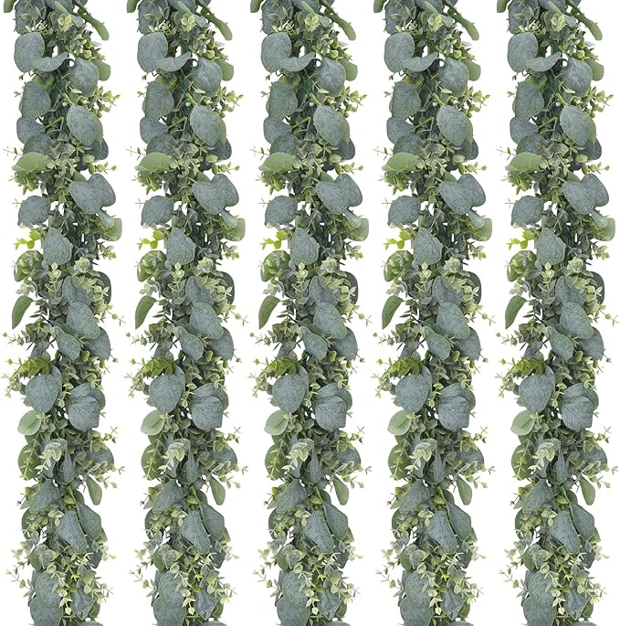 CEWOR 5pcs 5.5ft Artificial Eucalyptus Garland Fake Silver Dollar Eucalyptus Greenery Garland Vines Table Runner for Wedding Arch Backdrop Table Centerpiece Home Mantle Decor