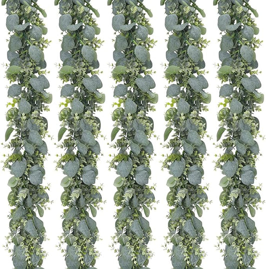 CEWOR 5pcs 5.5ft Artificial Eucalyptus Garland Fake Silver Dollar Eucalyptus Greenery Garland Vines Table Runner for Wedding Arch Backdrop Table Centerpiece Home Mantle Decor