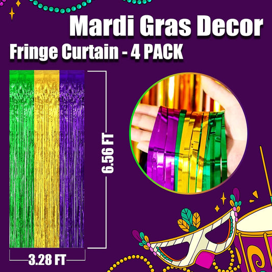 4 Pack Mardi Gras Foil Fringe Curtain Backdrop, 3.28Ft x 6.56Ft Gold Green Purple Metallic Tinsel Foil Fringe Streamers Curtains for Photo Booth, Wedding, Birthday, Carnival Party Decoration