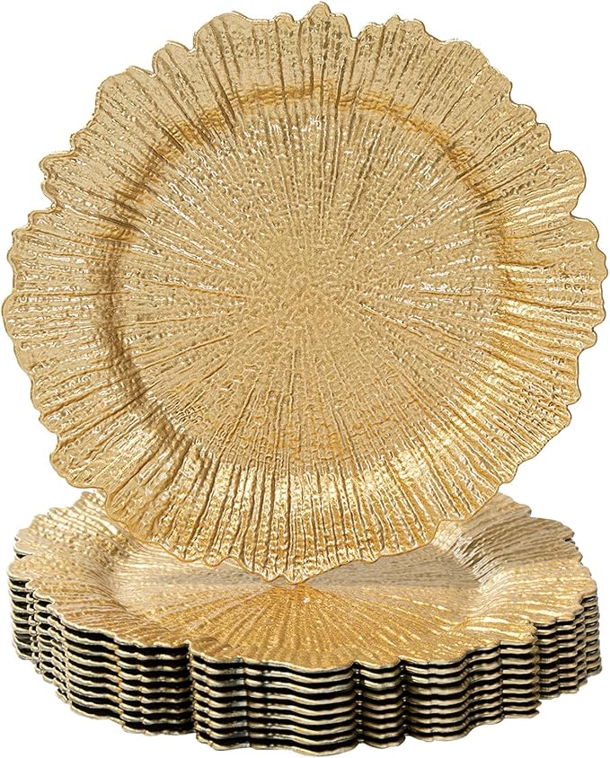 MAONAME 13" Gold Charger Plates Set of 10, Reef Plate Chargers, Round Charger for Dinner Plates, Plastic Table Chargers for Wedding Decor