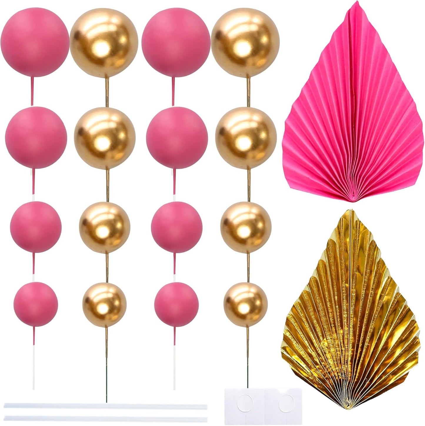 Ephlyn 28Pcs Paper Palm Fan Cake Topper Balls Cake Pick Decoration for Baby Shower Wedding Bridal Shower Birthday Anniversary Party DIY Cake Decorations Supplies Gold Rose Red