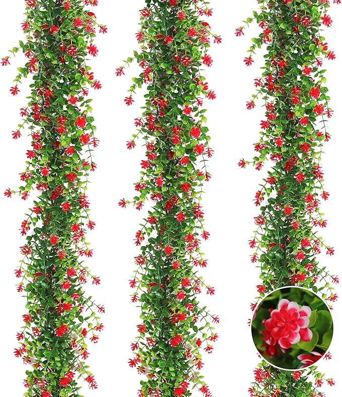 RECUTMS 3 Pack Artificial Spring Eucalyptus Garland Faux Hanging Eucalyptus Plants with Flowers Spring Fake Greenery Vines Garland for Spring Thanksgiving Home Wedding Mantle Wall Decor(Red)