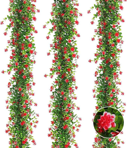 RECUTMS 3 Pack Artificial Spring Eucalyptus Garland Faux Hanging Eucalyptus Plants with Flowers Spring Fake Greenery Vines Garland for Spring Thanksgiving Home Wedding Mantle Wall Decor(Red)