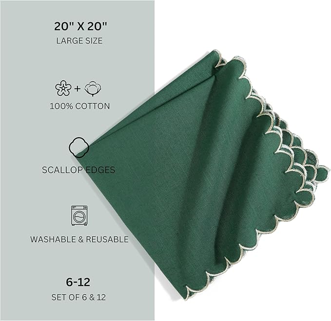 FINGERCRAFT Cloth Napkins, Everyday Use Scallop Design with Golden Zari, Premium Quality Natural Cotton Napkin Cloth Set of 6 Perfect for Parties Dinners Weddings Christmas 20x20 inch Eden Green