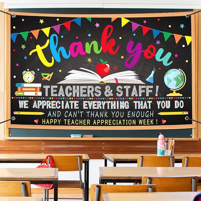 Happy Teacher Day Banner Teacher Appreciation Week Decorations Flag Outdoor 71x44 Inch School Classroom Backdrop,Thank You Teacher Gifts for Indoor Home Party Supplies,Yard Sign Photography Background