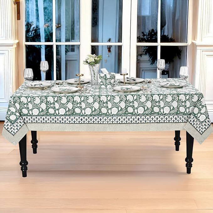 Ridhi Hand Block Print Turquoise Moss Green Rectangle Cotton Tablecloth 190" x 72" Reusable Table Cover Decorative Everyday Use for Dining, Farmhouse, Home Gift for Spring, Easter, Valentine