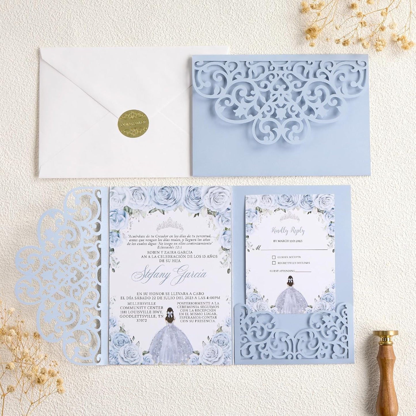 Laser Cut Wedding Invitations Haze Blue Tri-Fold Personalized Birthday Invitations 50Pcs with Envelops and RSVP Cards for Wedding Bridal Shower Quinceanera Engagement Party Invite